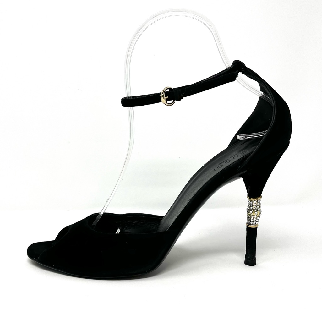 Vintage Gucci By Tom Ford Y2k Black Suede Crystal Bamboo High Heels Sandals 7.5
